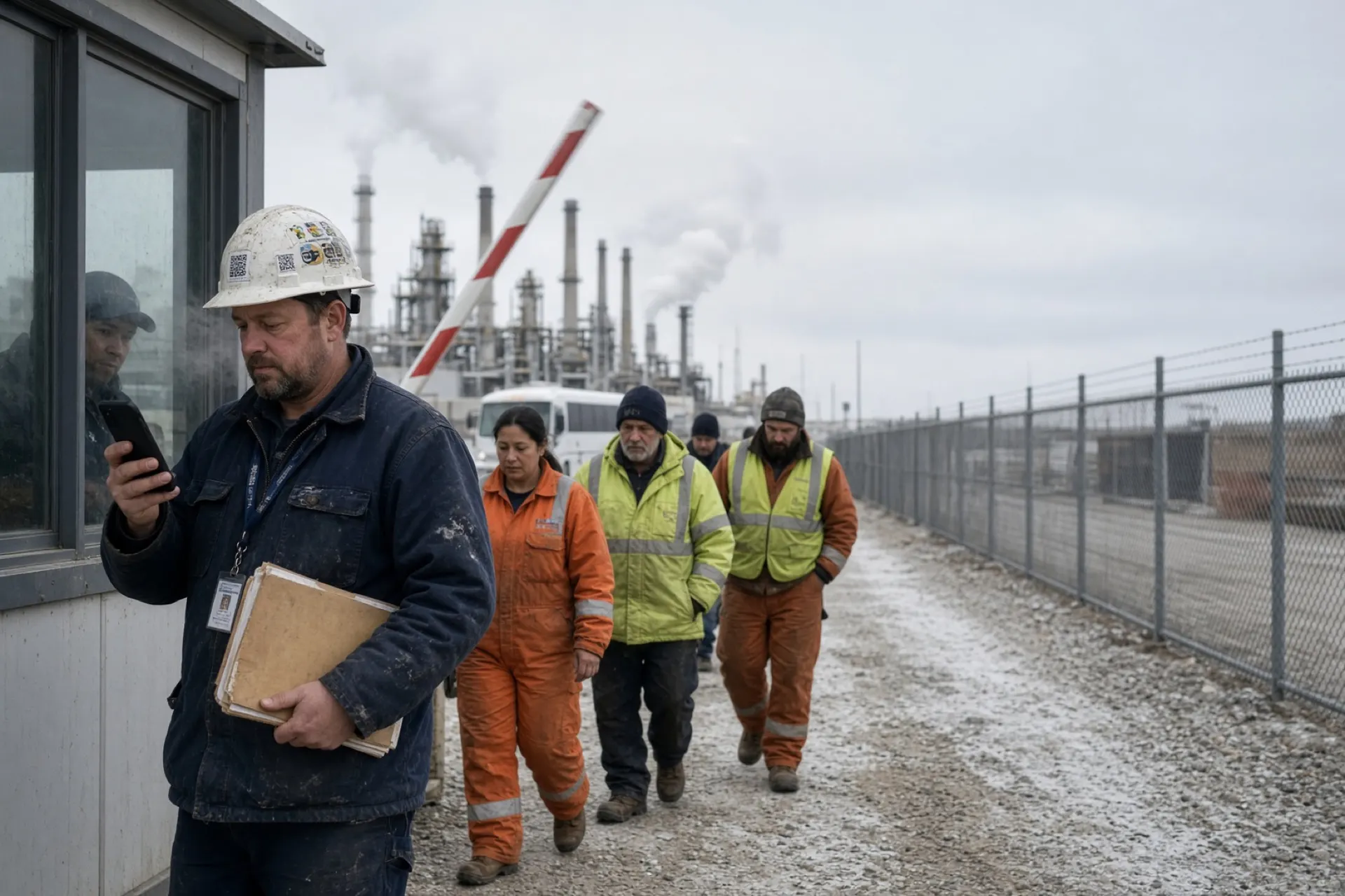 Oliu illustration of a worker presenting a credential at a site entrance