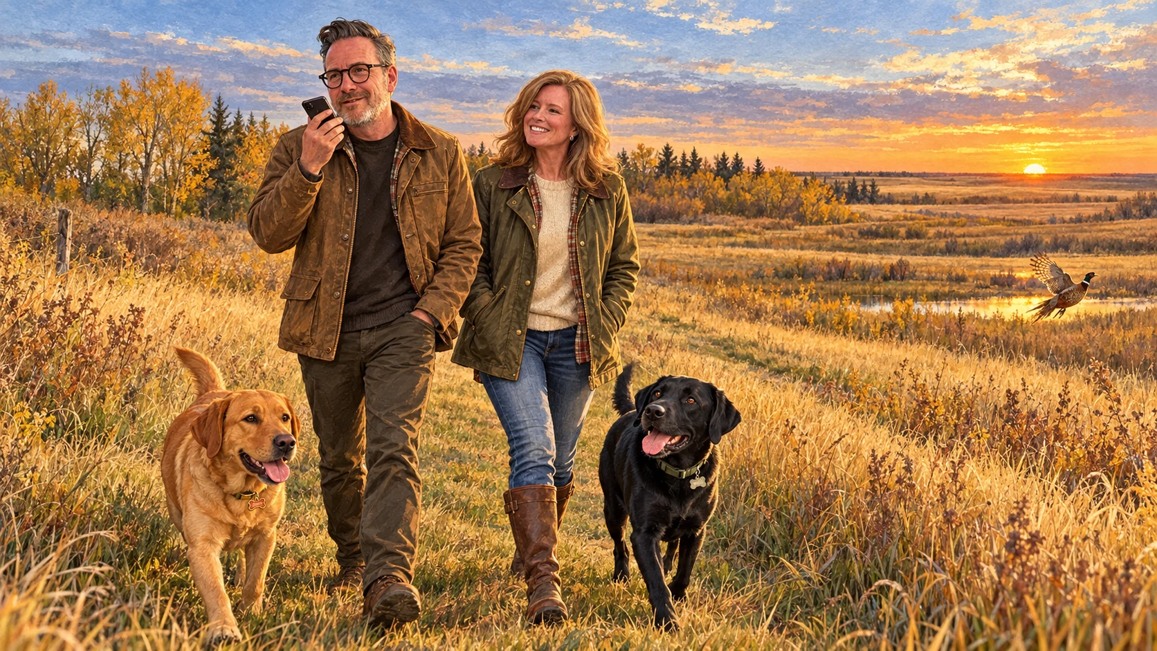 Concept illustration of Chris and Lisa walking their dogs at the farm